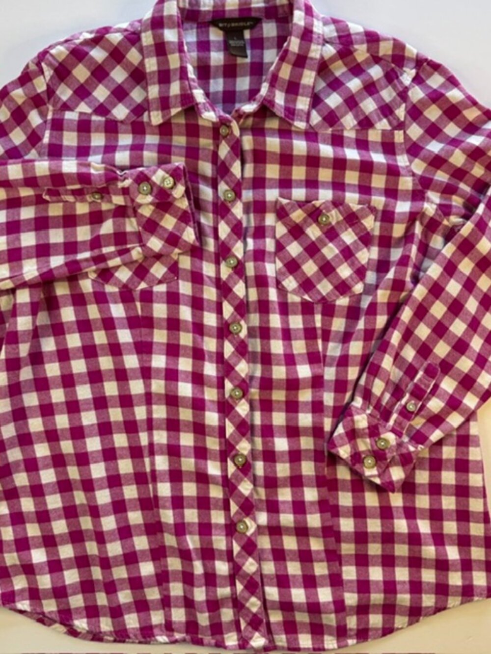 Bit & Bridle Western Pink Rose Plaid Shirt Women's L 100% Cotton Button Up